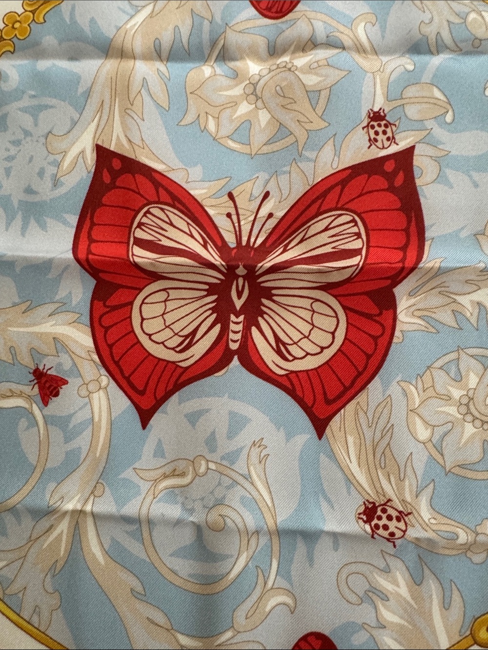 Versace NWT Red & Pale Blue Butterfly Silk Scarf with Gold Accents in BOX - Picture 4 of 12